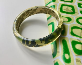 Vintage Green Lucite Bangle • Translucent Leaf Engraved Bracelet