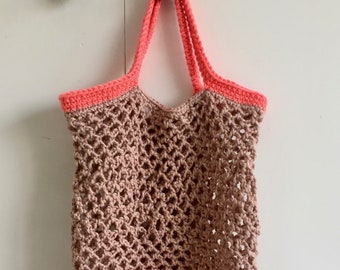 Lovely crochet bag, beige & coral medium woven bag, handwoven top handle bag, reusable washable string bag, shopping bag