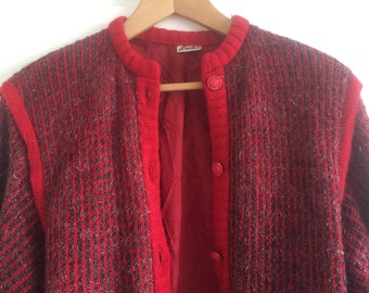 Vintage iridescent mohair jacket, red jacket, mohair jumper, red mohair button jacket, red mohair bomber, knit wool bomber jacket cardigan