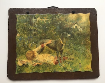 Englische Landschaft Schiefer Wandtafel • Vintage Country Szene Kunst