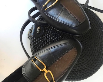 Vintage Black Leather Pumps • Two Tone Bronze Court Shoes • Sculptural Gold Detail
