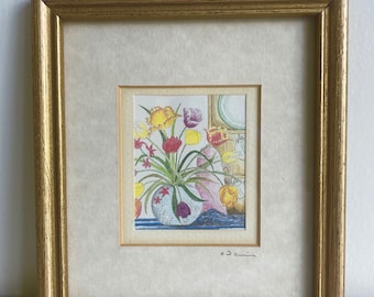 Signiertes Miniatur Blumen Aquarell • Vintage gerahmtes Stillleben
