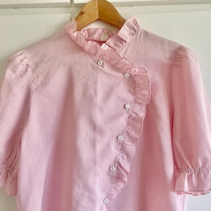 Vintage white and pink stripe shirt, Romantic ruffle blouse with short puff sleeves Frilly high neck top striped cotton shirt Frilled blouse