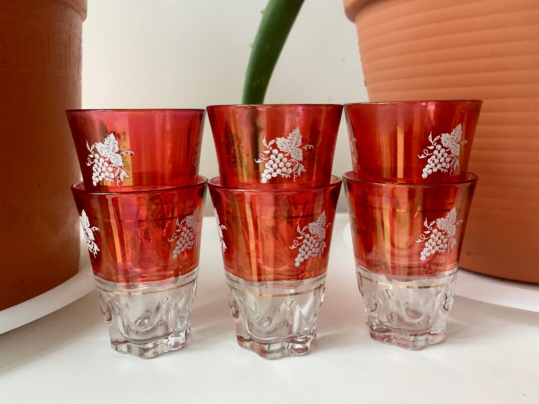 90s Vintage Cocktail Glasses, Red Vintage Shot Glasses, Six Coloured