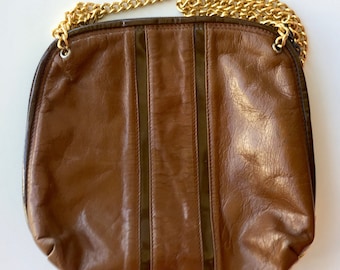 Vintage Brown Leather Shoulder Bag • Gold Chain Strap Handbag