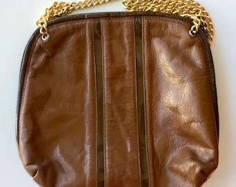 Brown leather vintage bag with gold strap, leather shoulder bag for women, leather cross body bag, Long strap  Summer bag