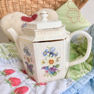 Mid-century 1950s Arthur Wood hexagonal teapot 5864 Blue yellow flowers gold edge and accents Arthur Wood England teapot gold trim rare find