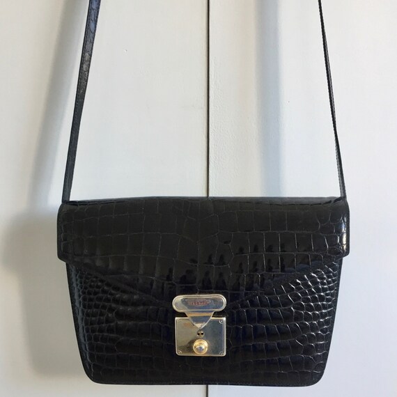black patent mock croc handbag
