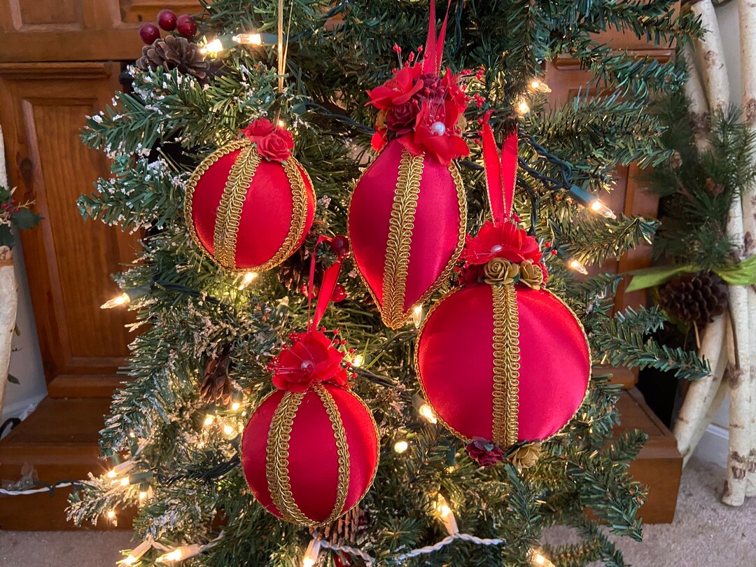 RED SATIN and GOLD Christmas Ornamentsset 4. Holiday Etsy