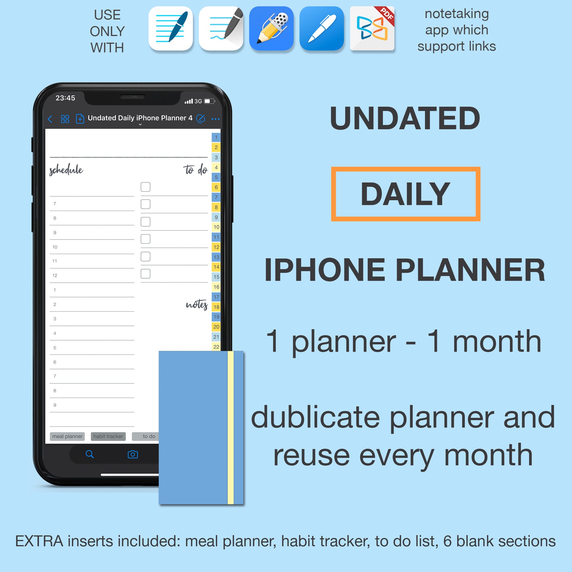 Daily planner iPhone undated Blue digital planner Goodnotes 5 Etsy