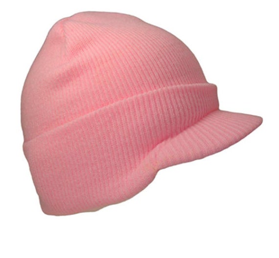 Pink Visor Knit Cuffed Beanie Winter 