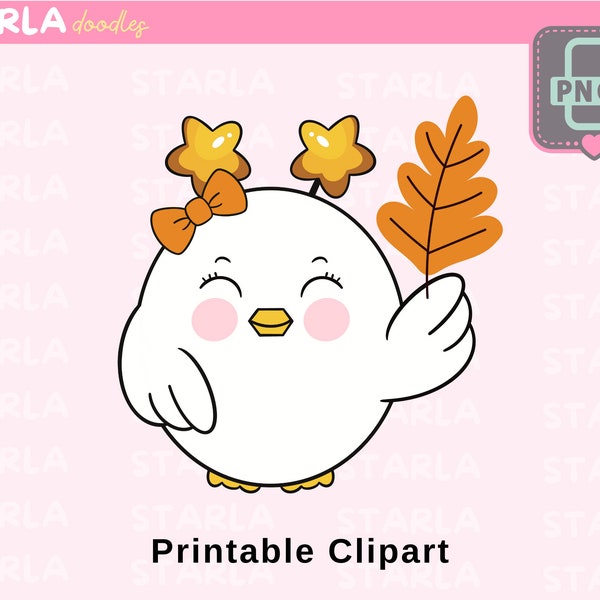 Starla Holding Autumn Leaf Clipart, Cute Clipart, Bird Clipart, Kawaii Clipart, Digital Print, Instant Download, PNG File, Transparent File