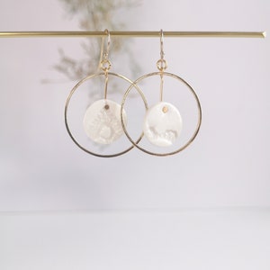Creole earring in white enameled Limoges porcelain and gilded gold for women, light, wedding, party, gold plated ring, love