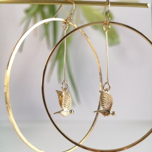 Gold filled gold plated swallow creole earring, large gold plated gold creole bird swallow spring summer round, love, romantic