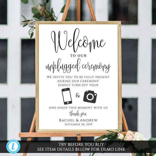 Printable unplugged ceremony sign, instant download, unplugged wedding sign, welcome to our unplugged ceremony sign, editable template
