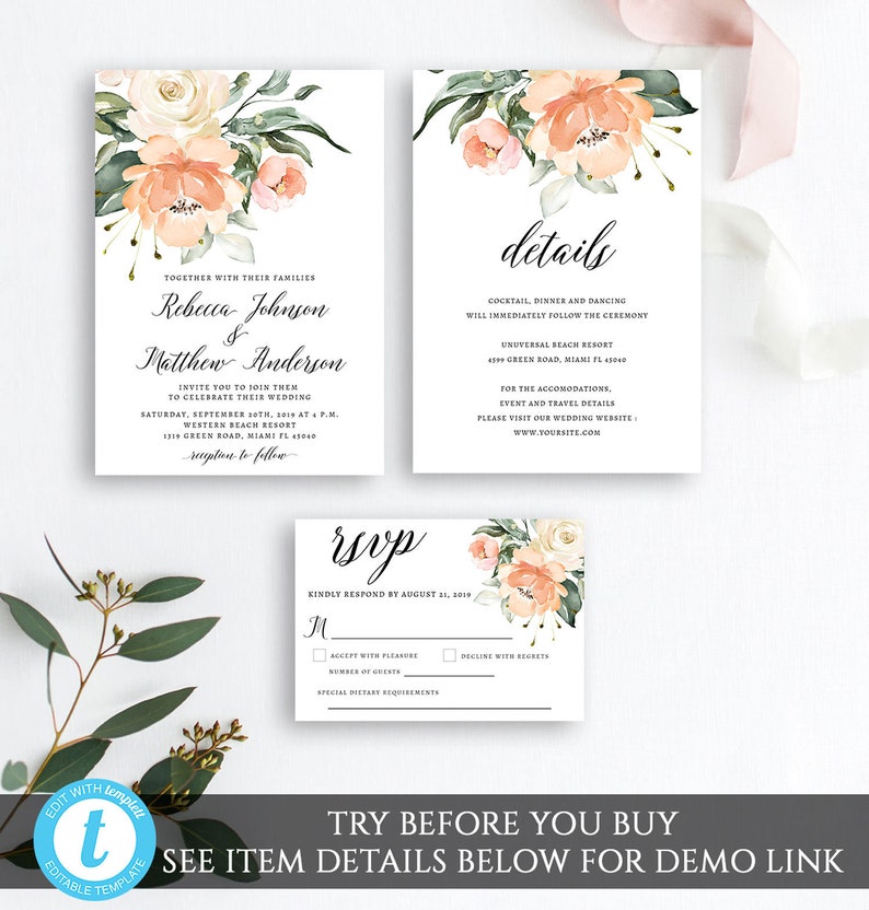 Editable Peach Wedding Invitation Set Template Peach Wedding Etsy