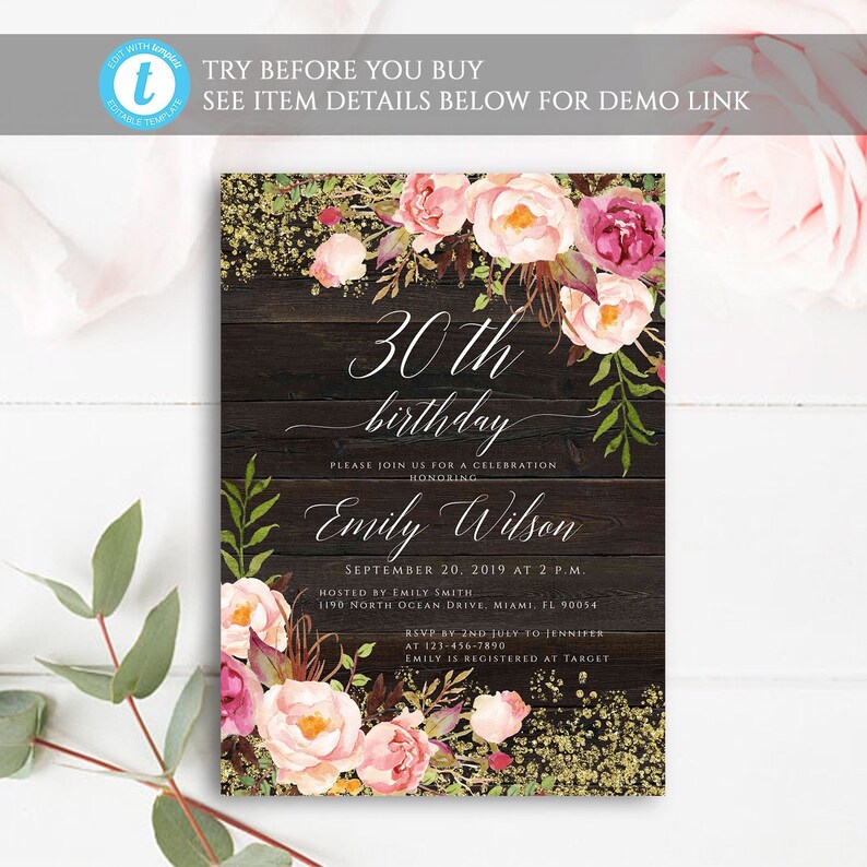 printable 30th birthday,floral wood birthday invitation rustic adult birthday invite 30th birthday Editable birthday invitation template
