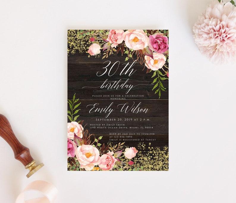 printable 30th birthday,floral wood birthday invitation rustic adult birthday invite 30th birthday Editable birthday invitation template
