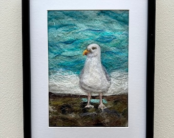Handcrafted needle felted seagull artwork. Handmade wool seagull fibre art. Custom needle felted seagull wall hanging.