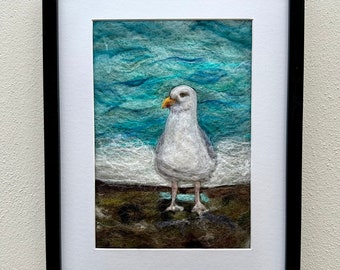 Handcrafted needle felted seagull artwork. Handmade wool seagull fibre art. Custom needle felted seagull wall hanging.