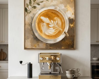 Väggkonst för kaffe för kök, kafébardekor, present till kaffeälskare, väggdekor, digital cappuccinokonst för barista, väggtryck för kafé