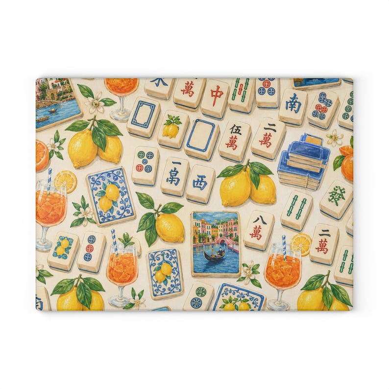 May include: A decorative rectangular mat featuring a pattern of mahjong tiles, lemons, cocktails, and scenic Italian imagery. The design includes various mahjong tiles with Chinese characters, lemons with leaves, and glasses of orange cocktails.