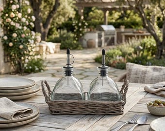 Glass Oil & Vinegar Bottle Set, Modern Farmhouse Wicker Caddy for Kitchen, Coastal Chic Cruet Set for Entertaining, Kitchen Counter Decor