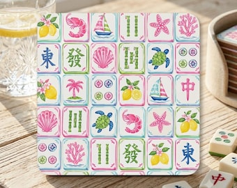 Mahjong Coaster Set Pink Coastal Style Palm Beach Drink Accessories for Game Night Hostess Gift for Mahjong Lover Birthday Gift for Friend