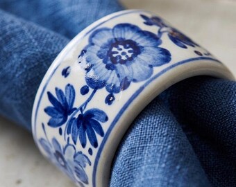 Vintage Porcelain Napkin Ring Set Delft Blue Floral Table Decor Cottagecore Tablescape Idea Birthday Gift Blue White Romantic Kitchen Style