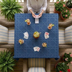 May include: A square navy blue tablecloth with a woven lattice pattern covering a table. The table is set with four glasses of iced tea with lemon slices, four sets of playing cards, and a central glass pitcher filled with iced tea and lemon.
