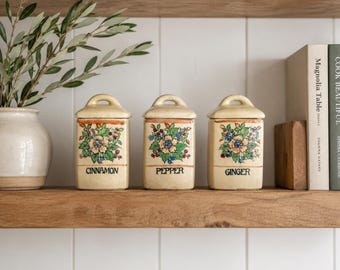 Ceramic Spice Jars for Kitchen Shelf Display Farmhouse Decor Collectible Canisters for Pantry Organization Gift for New Home Cottagecore