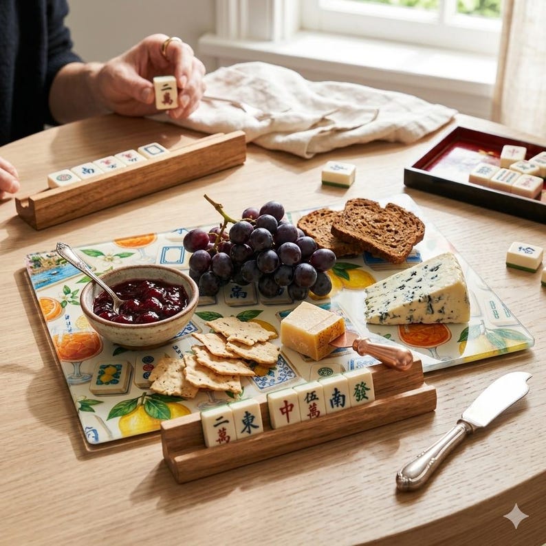 May include: A wooden Mahjong tile holder with tiles, a serving tray with food, and a bowl of jam. The tray includes grapes, cheese, crackers, and bread. A person is holding a tile. The scene is set on a wooden table.