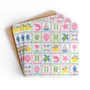 Mahjong Coaster Set Pink Coastal Style Palm Beach Drink Accessories for Game Night Hostess Gift for Mahjong Lover Birthday Gift for Friend image 5