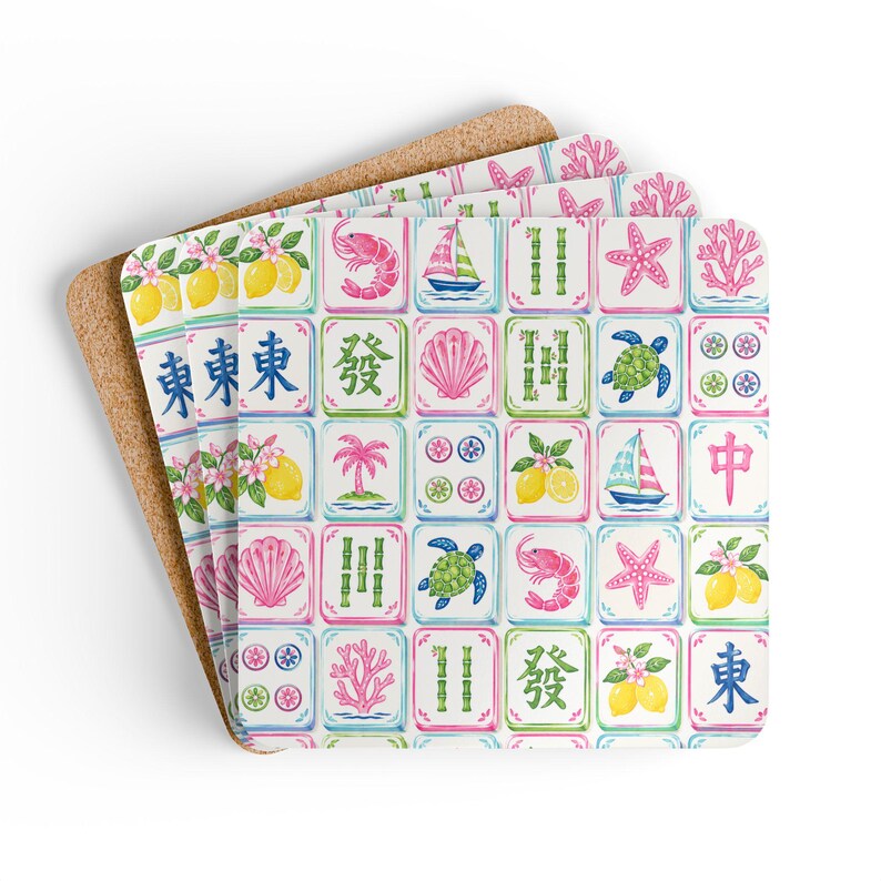 Mahjong Coaster Set Pink Coastal Style Palm Beach Drink Accessories for Game Night Hostess Gift for Mahjong Lover Birthday Gift for Friend image 5