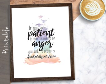 Si vous êtes patient dans un moment de colère, vous échapperez à cent jours de douleur Patience Citation Signe imprimable