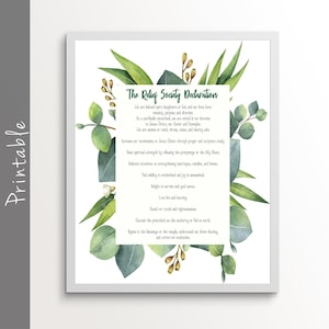 May include: A printable poster with a watercolor illustration of eucalyptus leaves surrounding a white rectangle with the text "The Relief Society Declaration" and a list of principles for members of the Relief Society.