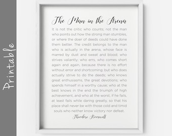 May include: White framed print with the text "The Man in the Arena" by Theodore Roosevelt. The print features elegant script and a motivational quote. The overall aesthetic is clean and suitable for home decor.