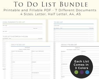 To Do List Bundle - 7 Documents - Printable Fillable PDF - Daily Planner Inserts, Business Planner, Project Management - Instant Download