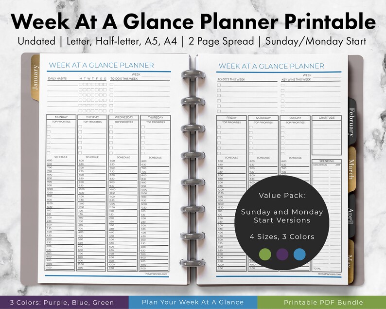 Weekly Planner Printable, Undated Week at a Glance (PDF) - Etsy