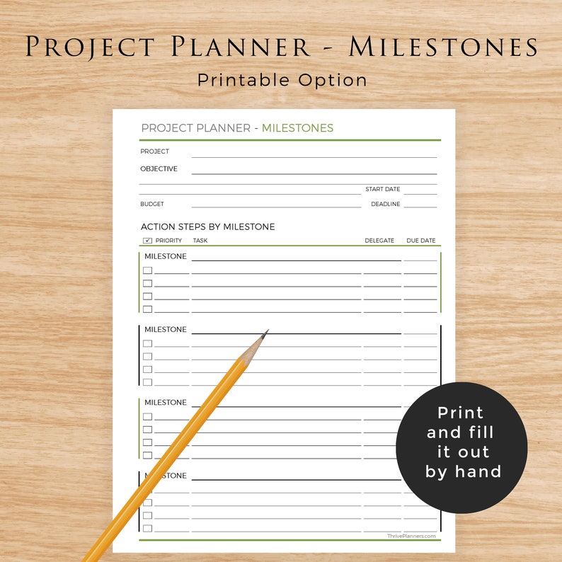 May include: A printable project planner with a green and white color scheme. The planner is titled "Project Planner - Milestones" and includes sections for project, objective, budget, start date, deadline, priority, task, delegate, and due date. There are four sections for milestones with checkboxes and lines for writing.