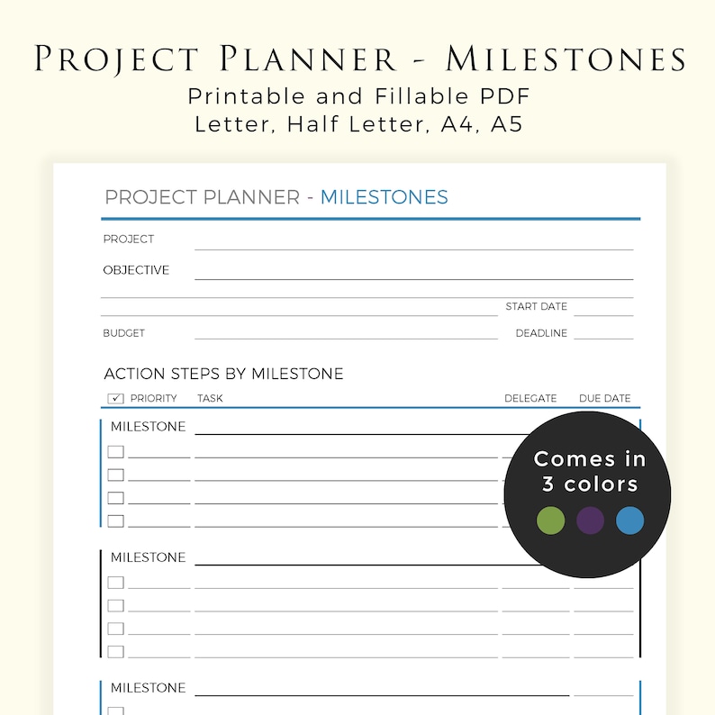 May include: A printable project planner with a checklist for milestones, tasks, and deadlines. The planner has sections for project name, objective, budget, start date, deadline, priority, task, delegate, and due date. The planner is designed to help you organize and manage your projects.