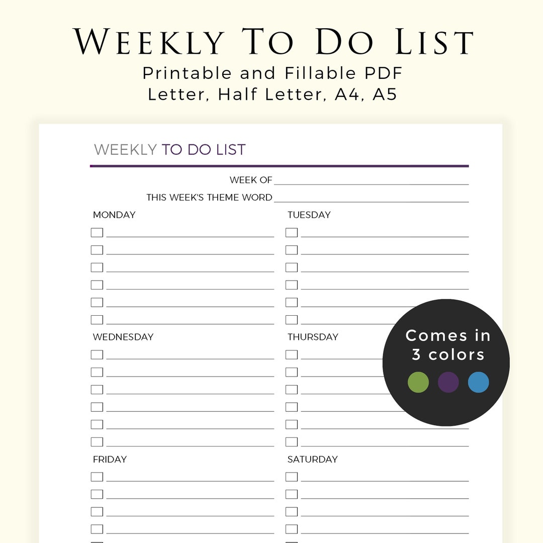 Weekly to Do List, Printable Weekly Planner Inserts, Undated Weekly ...