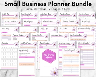 Könnte beinhalten: Ein druckbares Kleinunternehmer-Planer-Paket mit 28 Seiten in 4 Größen. Die Seiten sind mit rosa und weißen Blumen verziert. Der Planer enthält Seiten für To-Do-Listen, Ziele, Projekte, Ausgaben, Einnahmen, Teammitglieder, Werbestrategie und mehr.