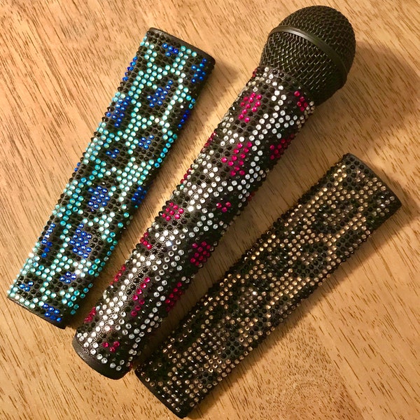 Leopard Rhinestone microphone sleeve cover for wireless mics