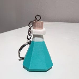 May include: A turquoise blue glass bottle with a white top and a wooden stopper. The bottle is attached to a silver key chain.