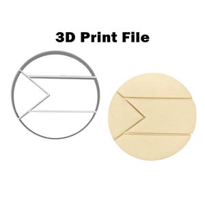 May include: A 3D print file with the text "3D Print File". The image shows a cookie cutter and a cookie. The cookie cutter is a circle with a triangle and two horizontal lines. The cookie is a circle with the same design.