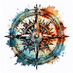 Clipart alter Kompass Aquarell 6 PNG Dateien digitaler Download, Papierhandwerk, Wandkunst, druckbare Aquarellkunst