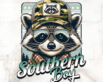 Southern Boy Raccoon PNG: Camouflage Retro Design (Digital Download)
