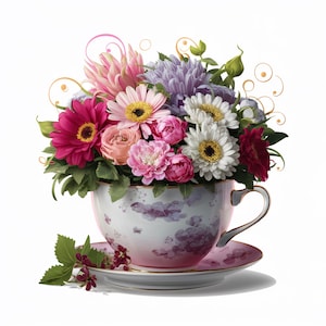32 Teacup Flower Bouquets Clip art Bundle, JPG di alta qualità, Artigianato artistico, Creazione di biglietti, Artigianato di carta digitale, Scrapbooking, clipart di tazze da tè