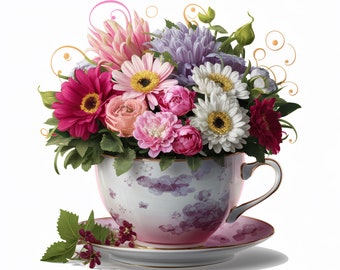 32 Teacup Flower Bouquets Clip art Bundle, High-Quality JPG, Craft Art, Card Making, Digital Paper Craft, Scrapbooking, teacup clipart